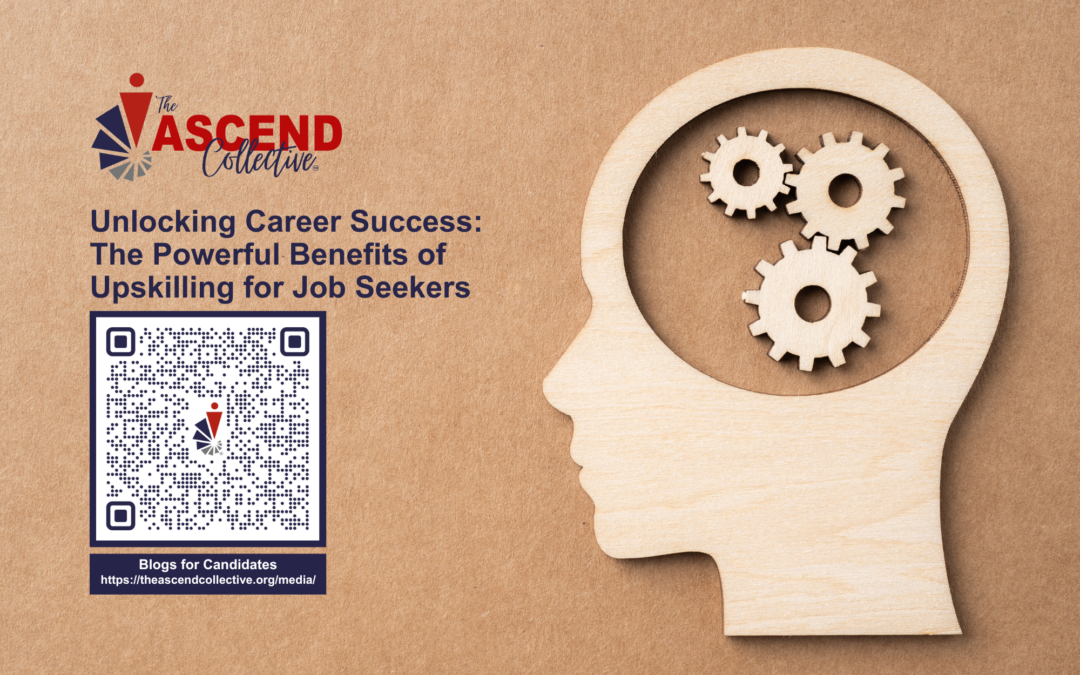 Unlocking Career Success: The Powerful Benefits of Upskilling for Job Seekers. Pictured with a wooden head with gears for brain.